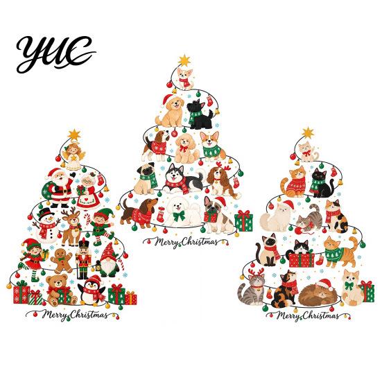 Bedroom Wall Stickers Christmas Tree Shape with Xmas Elements/Puppy/Kitten Patterns, Self-Adhesive PVC Decals, Decorative Decor Removable Art
