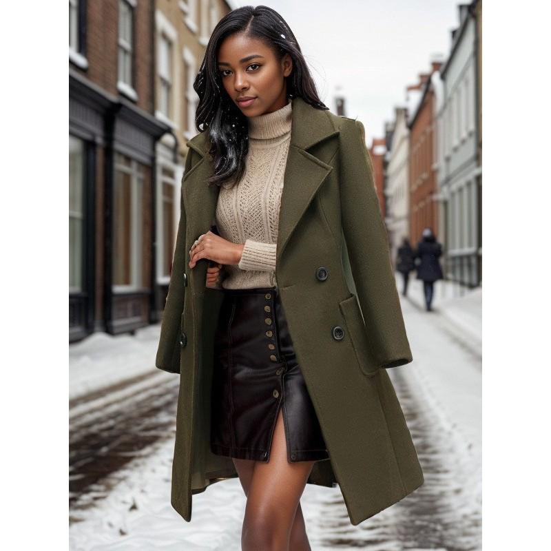 Womens Long Wool Blend Coat Slim Fit Single Breasted Belted Overcoat Solid Color Winter Outerwear