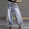 Damen Mid-Rise Jeans mit Strasssteinen, asymmetrisch, Wide Leg, lockere Passform, Vintage-Waschung, Denim-Hose