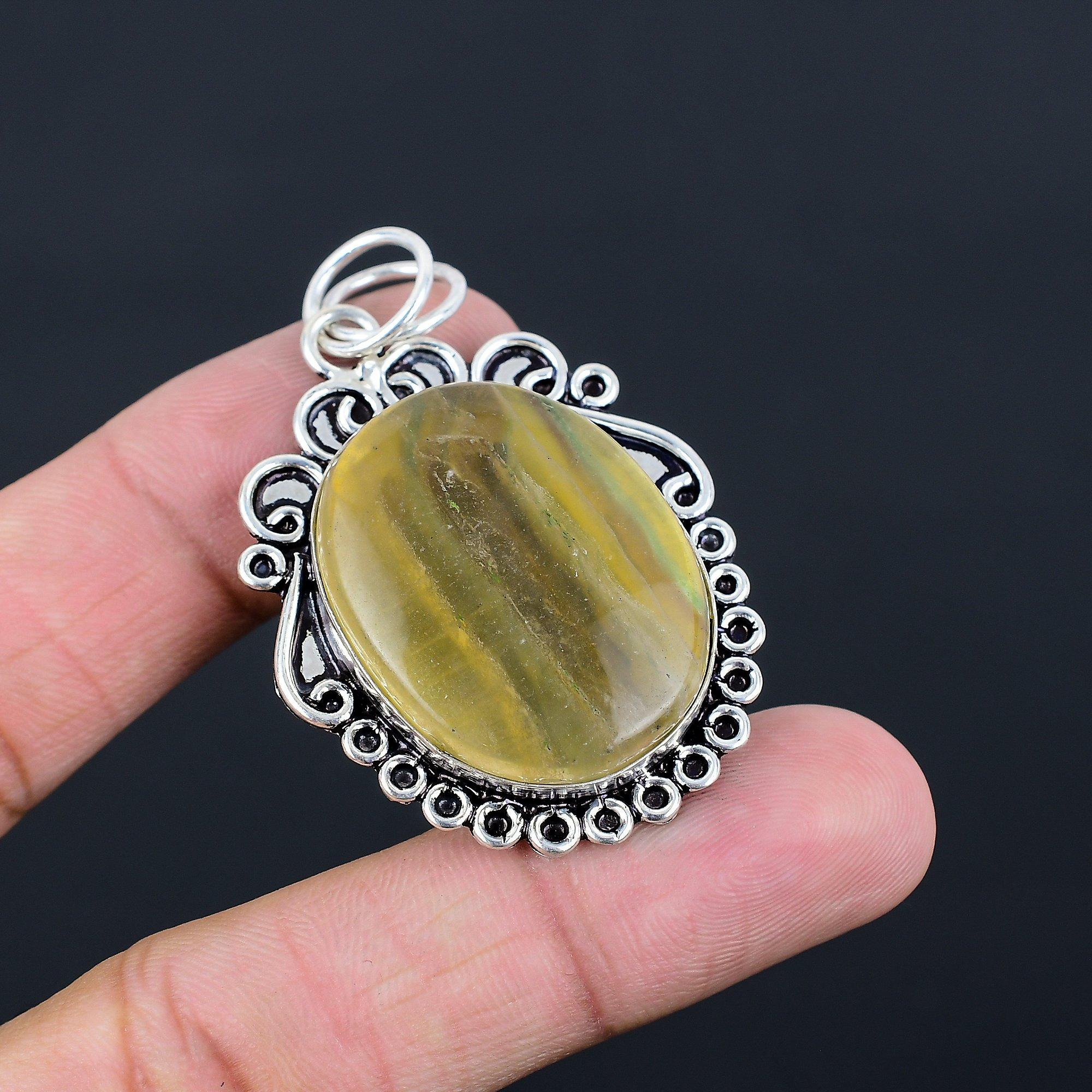 Natural Multi Fluorite Gemstone Pendant Yellow 925 Sterling Silver Jewelry