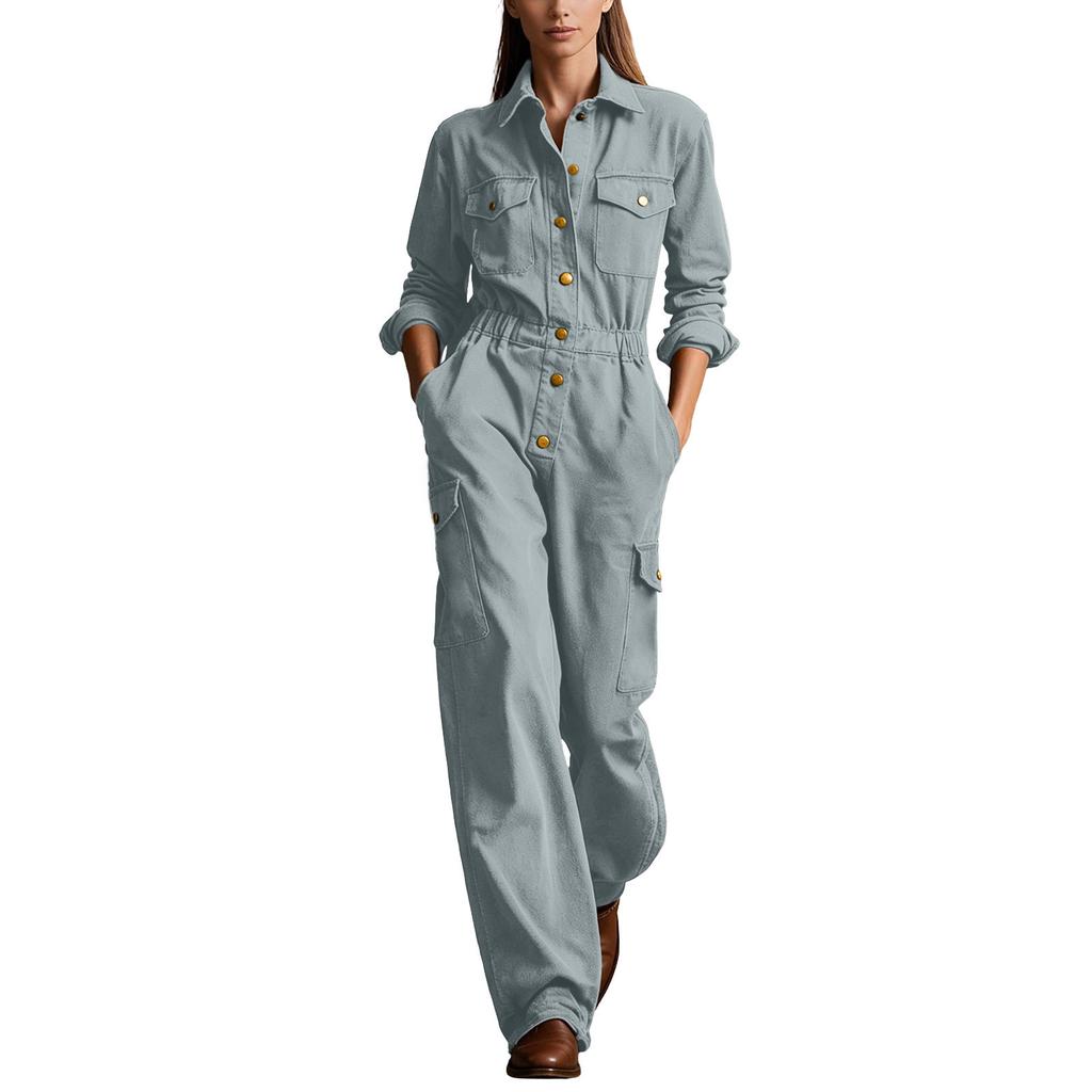 Women's Color Cargo Pocket Jumpsuit with Notched Collar, Long Sleeves and Fitted Waist