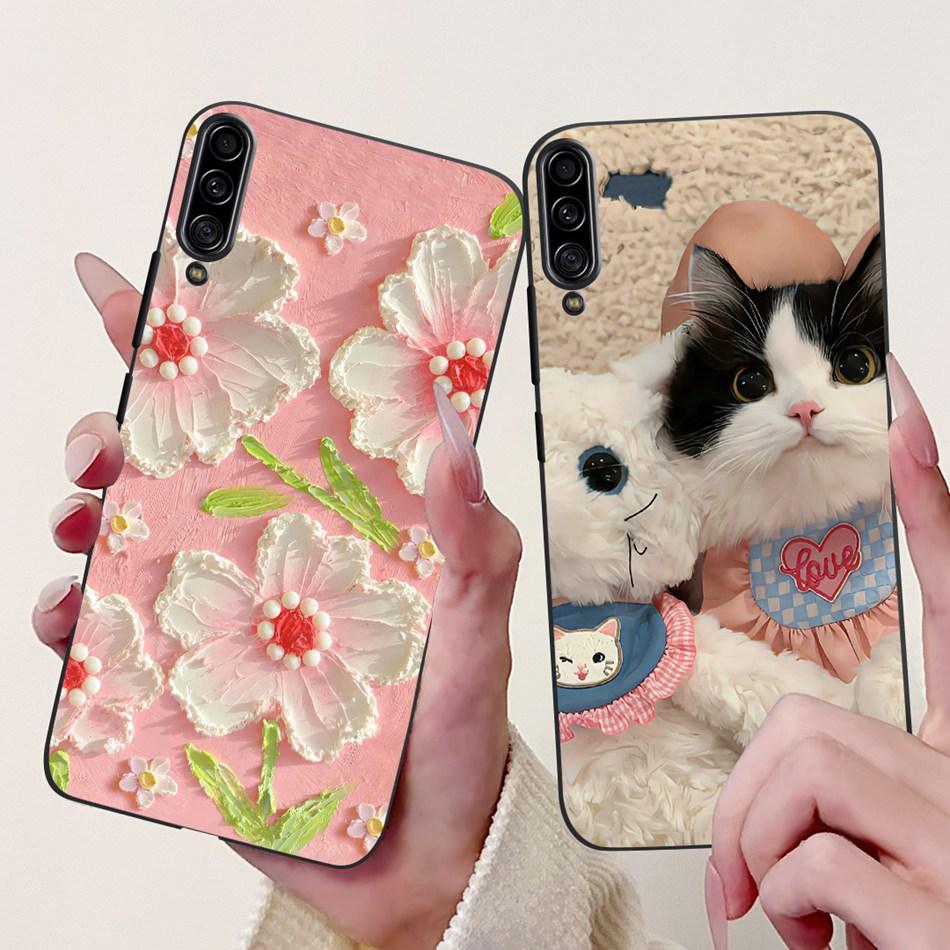 For Samsung Galaxy A90 5G Phone Case For Samsung A90 5G SM-A908B Elegant Floral Cat Painted Black Silicone Soft TPU Cases