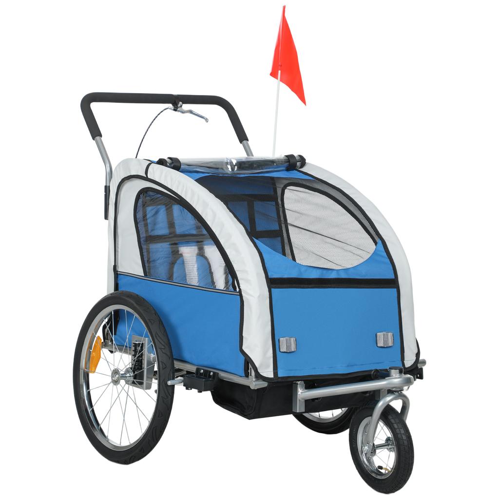 2 Seat Bike Trailer with 5 Point Harness, Baby Bike Stroller with Safety Flag, Reflectors, for 18+ Months, Blue