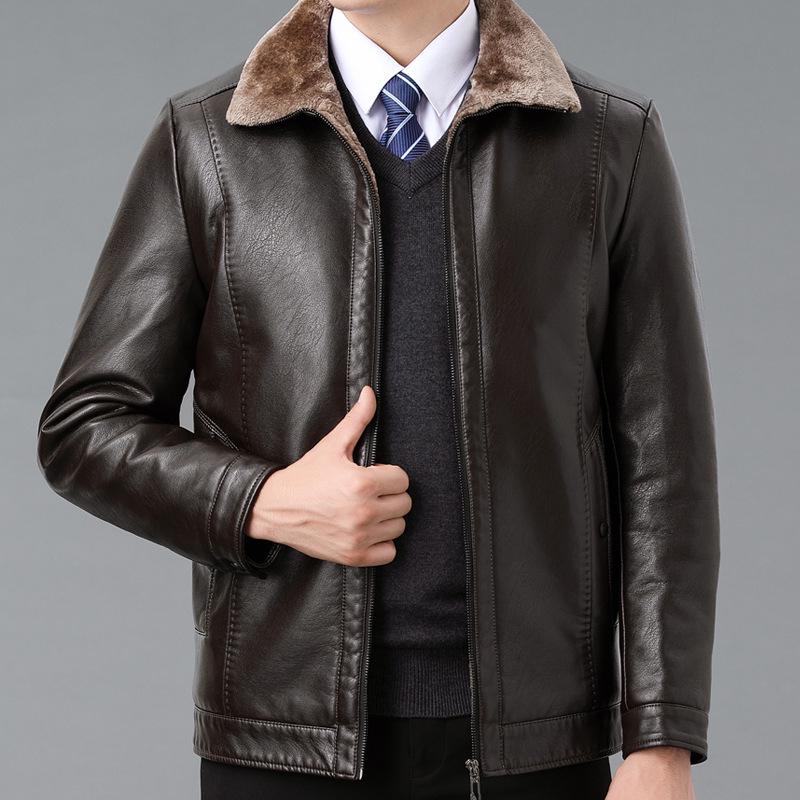 Men's Winter Fleece Lined Genuine Sheepskin Leather Jacket with Fur Trim