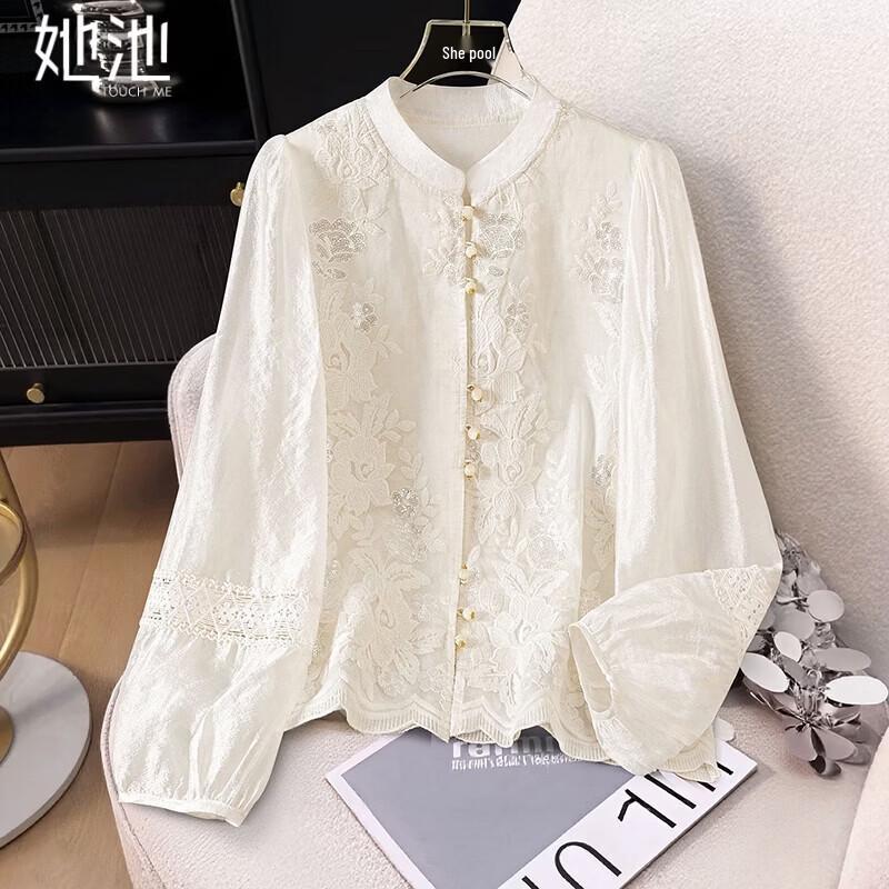 Shechi Women s Lyocell Lace Embroidered Stand Collar Blouse XS