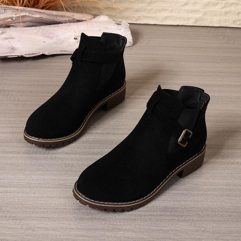Women's Boots 2026 Autumn Winter Thick Bottom Belt Buckle Decoration Round Head Short Boots Polyurethane Material Ankle Boots