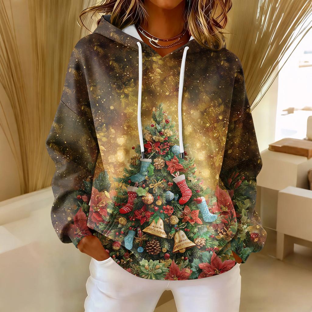 Women's Loose Comfortable Casual Fashion V-Neck Christmas Print Long Sleeve Hoodie