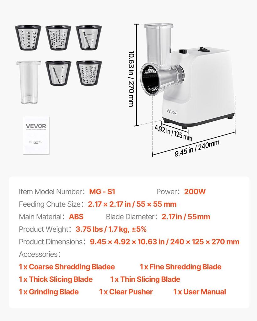 Electric Cheese Grater Salad Maker, 200W Salad Shooter, Electric Vegetable Slicer Shredder Chopper for Fruits with 5 Attachments, Stainless Steel Food