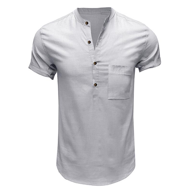 Men's Solid Color Cotton Linen Henley Pocket Shirt, Short-Sleeved