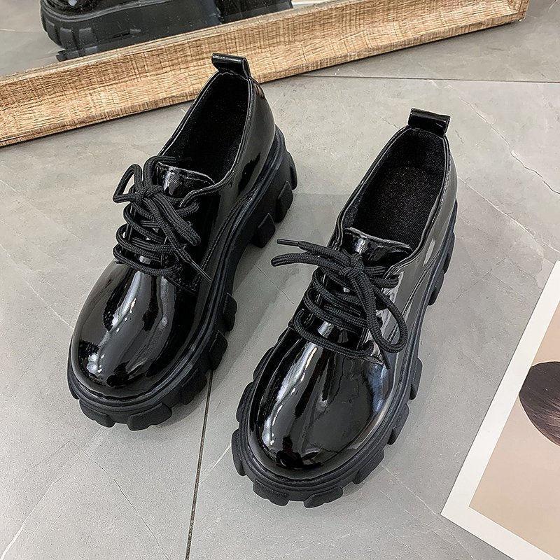 Fashion Plus Size Black Flatform Leather Loafers Women's Shoes Britchic Versatile Round Toe Loafers Lace Up Shoes