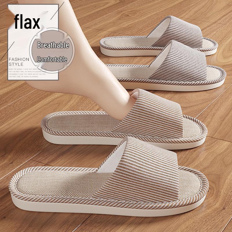 Gestreifte Leinen Sommer Hausschuhe für Damen und Herren - Rutschfest, Weiche Sohle, Atmungsaktiv, Geräuscharmes Design.