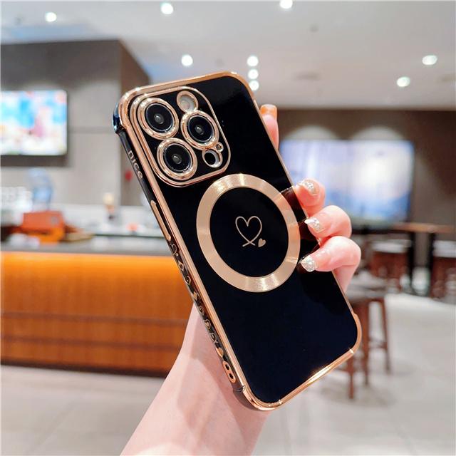 For iPhone Luxury Heart-shaped Magsafe Magnetic Plating Pattern Frame Phone Case For iPhone 11 12 13 14 15 16 Plus Pro Max Cover