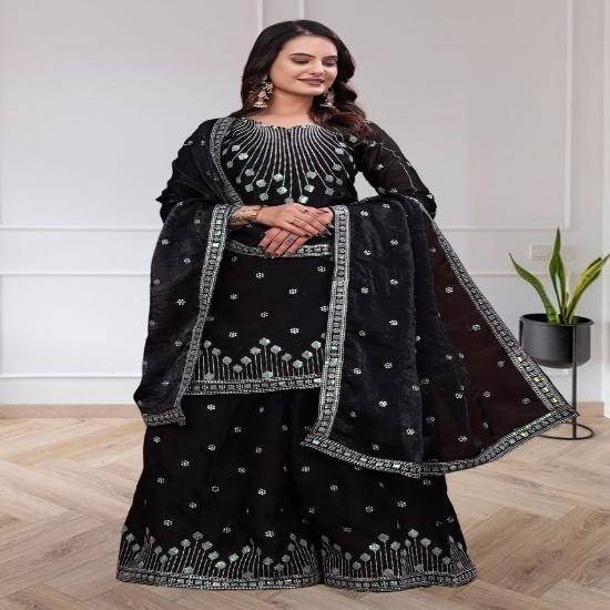 Jet Black Geometrical Sequin Embroidered Sharara Suit Set S