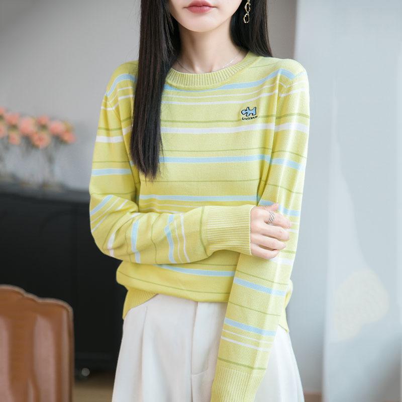 

Color-blocking Striped Puppy Embroidery Round-neck Long-sleeved Knitted Base Layer Top, Autumn and Winter Pullover Sweater for Women M жёлтый