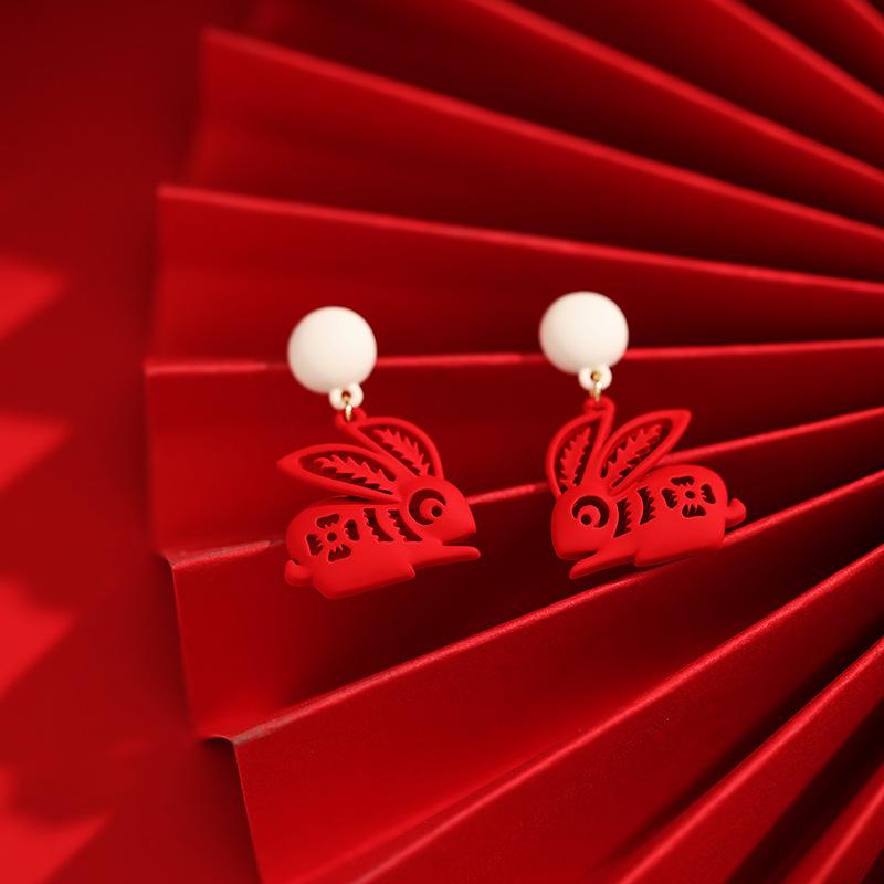 S925 Sterling Silver Chinese Paper Cut Rabbit Stud Earrings - Simple Light Luxury Style