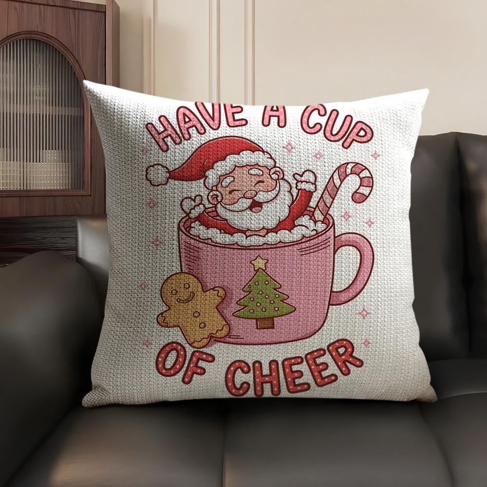 Christmas Pink Gingerbread Cushion Cover Natural Linen Organic Fabric Double-Sided Printing Sofa Home Decor Gift Pillow Case