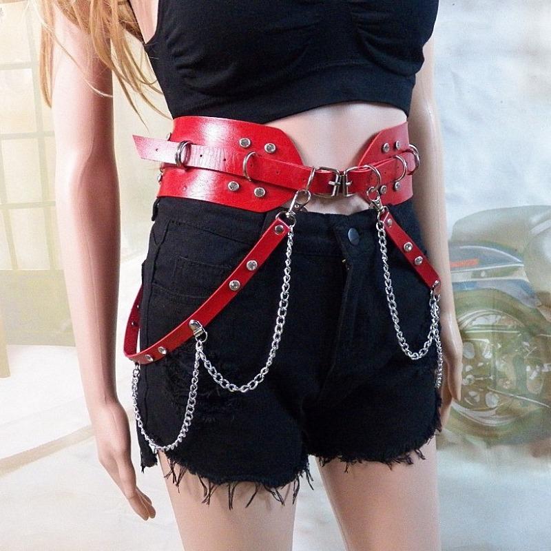 

Vintage rhinestone embellished trendy fashion waist chain jewelry punk belt leather belt червоний