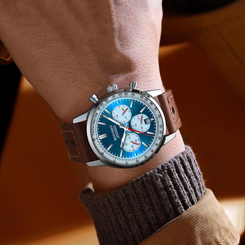 Multifunktions-Sportuhr Herren Luxus Chronograph Kalenderuhr Mann Leder Wasserdicht Leuchtende Armbanduhren