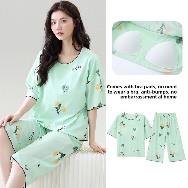 Summer Pajamas Set with Chest Pad for Women Plus Size 4XL 5XL Flower Print Short Sleeve Tops and Capri Pants Sleepwear Female Casual Pyjamas Homewear
