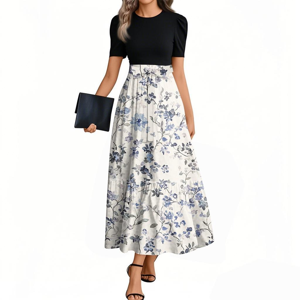 Damenmode Casual Gürtel Kurzarm Rundhals Blumennähte Elegantes Temperamentkleid
