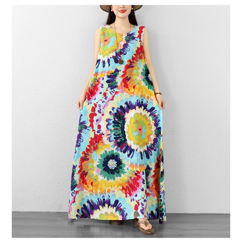 DIMANAF 2026 Women Plus Size Summer Beach Lady Long Dress Clothing Vest Sleeveless Vintage Loose Oversize Maxi Print Sundress