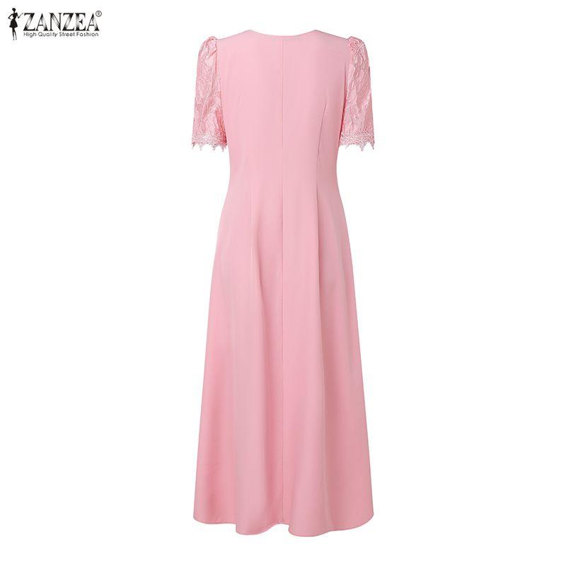ZANZEA Women V-Neck Summer Short Sleeve Patchwork Lace Dress