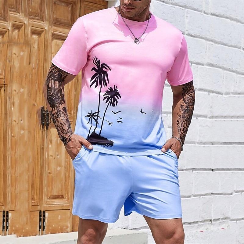 Men's Graphic Color Block Coconut Tree 2pcs Tees sets Casual Comfortable Outdoor Vacation Daily