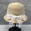 Lace Bow Short Brim Raffia Sunscreen Hat Women'S Hand Knitted Bucket Hat Summer Outing Sunshade Straw Hat