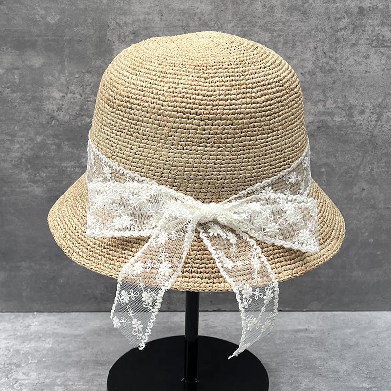 Lace Bow Short Brim Raffia Sunscreen Hat Women'S Hand Knitted Bucket Hat Summer Outing Sunshade Straw Hat