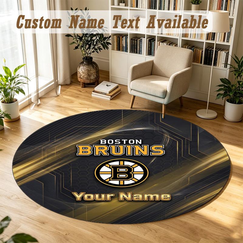 Round Rug Custom NameBoston Bruins Pattern Non Slip Carpet Home Floor Decor