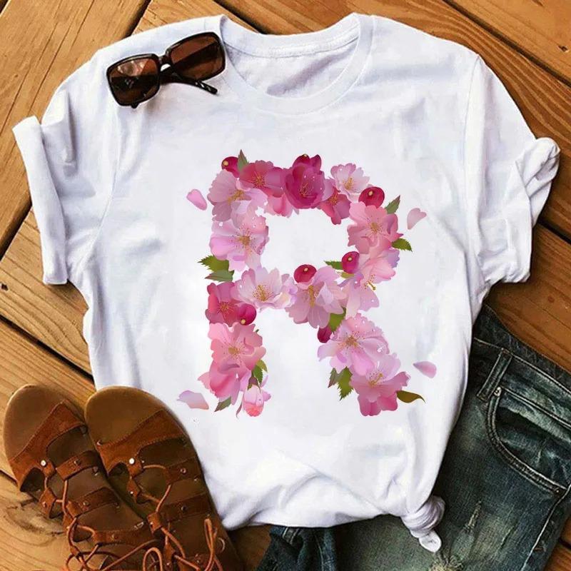 26 Letters Print T-Shirt Alphabet with Pink Flower Harajuku White Graphic Tee Casual Short Sleeve Lady Y2k Tops Women's Clothing