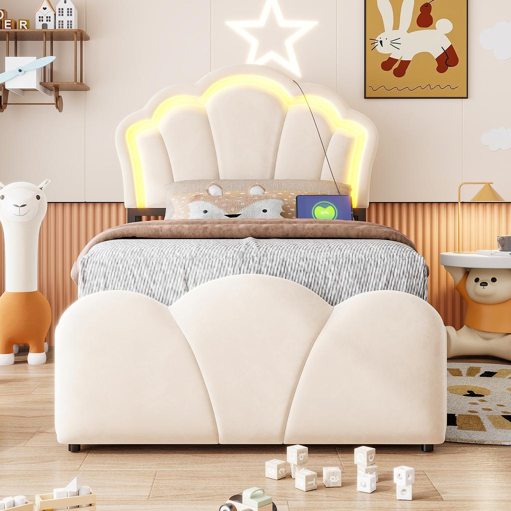 Upholstered Bed 90*200, Hydraulic Storage, LED Lighting, Headboard Storage Compartments, Floral Design, Velvet Cover, Integrated Sockets, Beige
