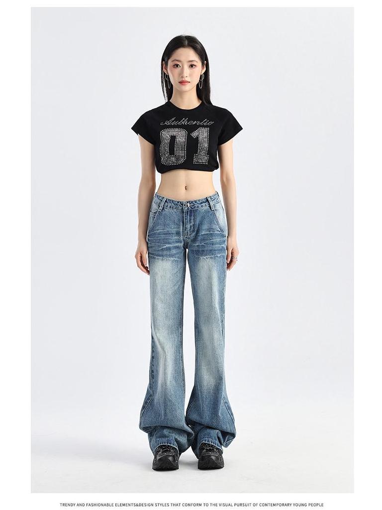 Blugi retro evazați cu talie joasă pentru femei - Colecția Primăvară/Toamnă 2025, Croială versatilă lejeră, Picior drept, Lungime până la podea.