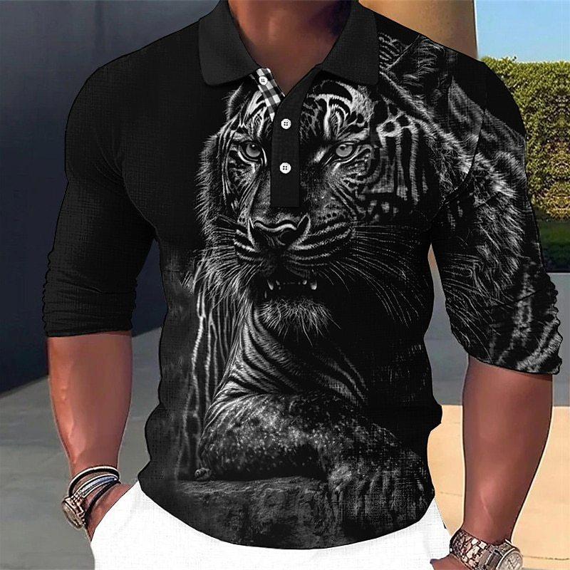 Trendy Tiger Print Long Sleeve Polo Shirt, Casual Fashion Top For Men
