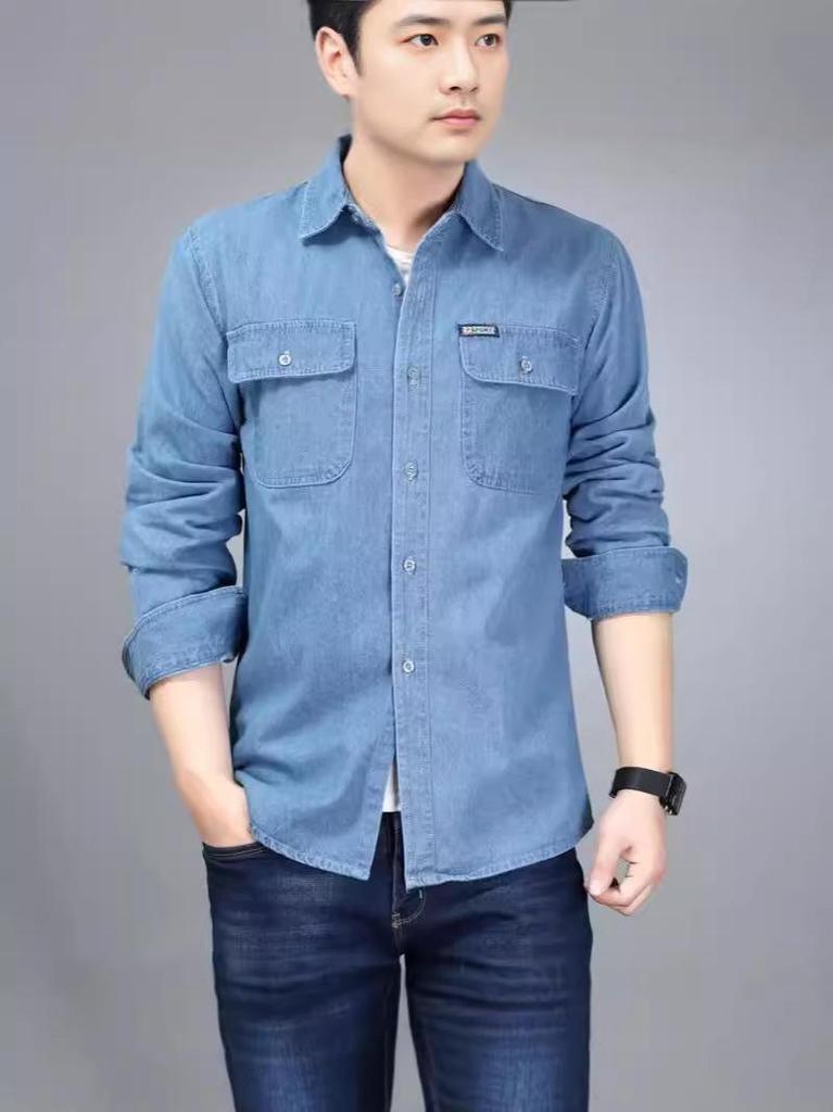 Men's Minimalist Long Sleeve Denim Shirt - Lightweight Cotton Sun Protection, Loose Fit, Plus Size, for Spring, Summer, and Autumn.