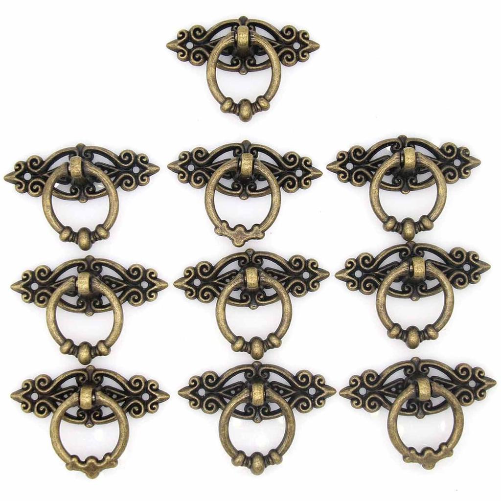 10pcs Vintage Distressed Antique Brass Finish Ring Pulls Handles for Cabinet Cupboard Drawer Dresser, Length 2.5-in (6.5 Cm) and Width 1.8-in (4.7 Cm)