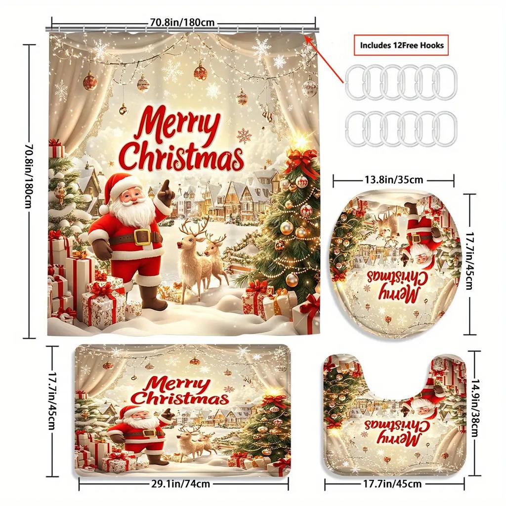 4Pcs Bathroom Shower Curtain Set  Christmas Santa Pattern Bathroom Curtain With 12 Hooks Non Slip Rugs Toilet Cover Mat Bathroom Partition