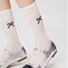 Cute Bowknot Pattern Long Calf Length Socks for Women and Girls Breathable Mesh Ribbed Student Cotton Stockings Hosiery