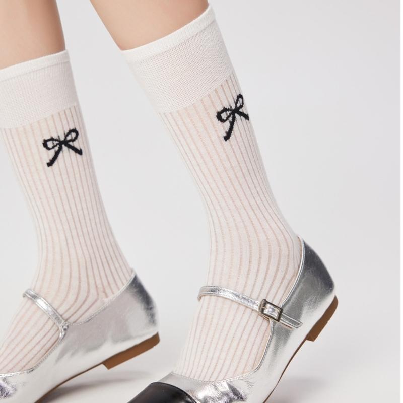 Cute Bowknot Pattern Long Calf Length Socks for Women and Girls Breathable Mesh Ribbed Student Cotton Stockings Hosiery