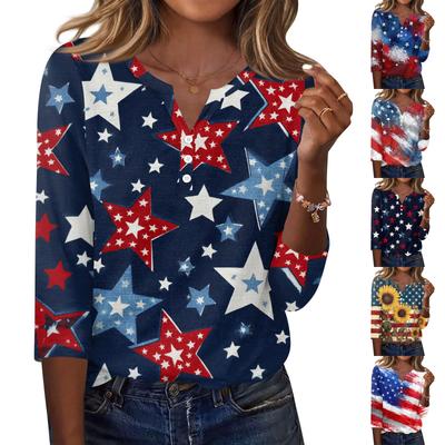 Women's T Shirt Independence Day Print Button 3/4 Sleeve Daily Weekend Fashion Basic V- Neck Regular Top