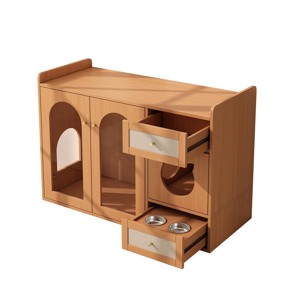 Cat House and Litter Box Cabinet with Feeding Bowls, Cat Rest Area, Storage Area (Litter Box and Cat Cushion Not Included), Walnut Color, 120x45x83 Cm