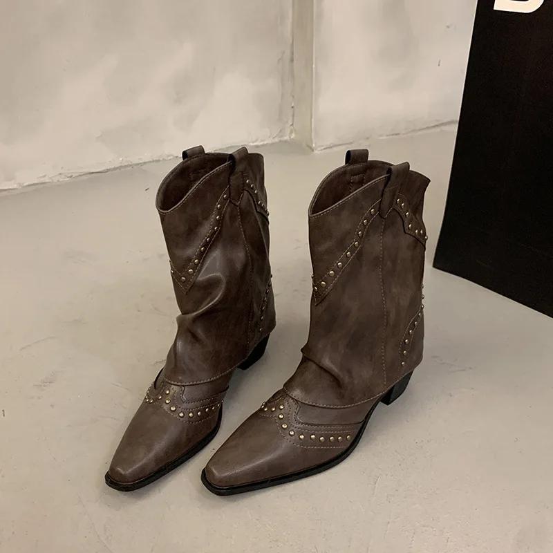 Woman Cowgirl Boots Fashion Slip On Ladies Elegant Square Heel Long Pipe Botas Shoes Retro Women's Spring Autumn Boot Footwear