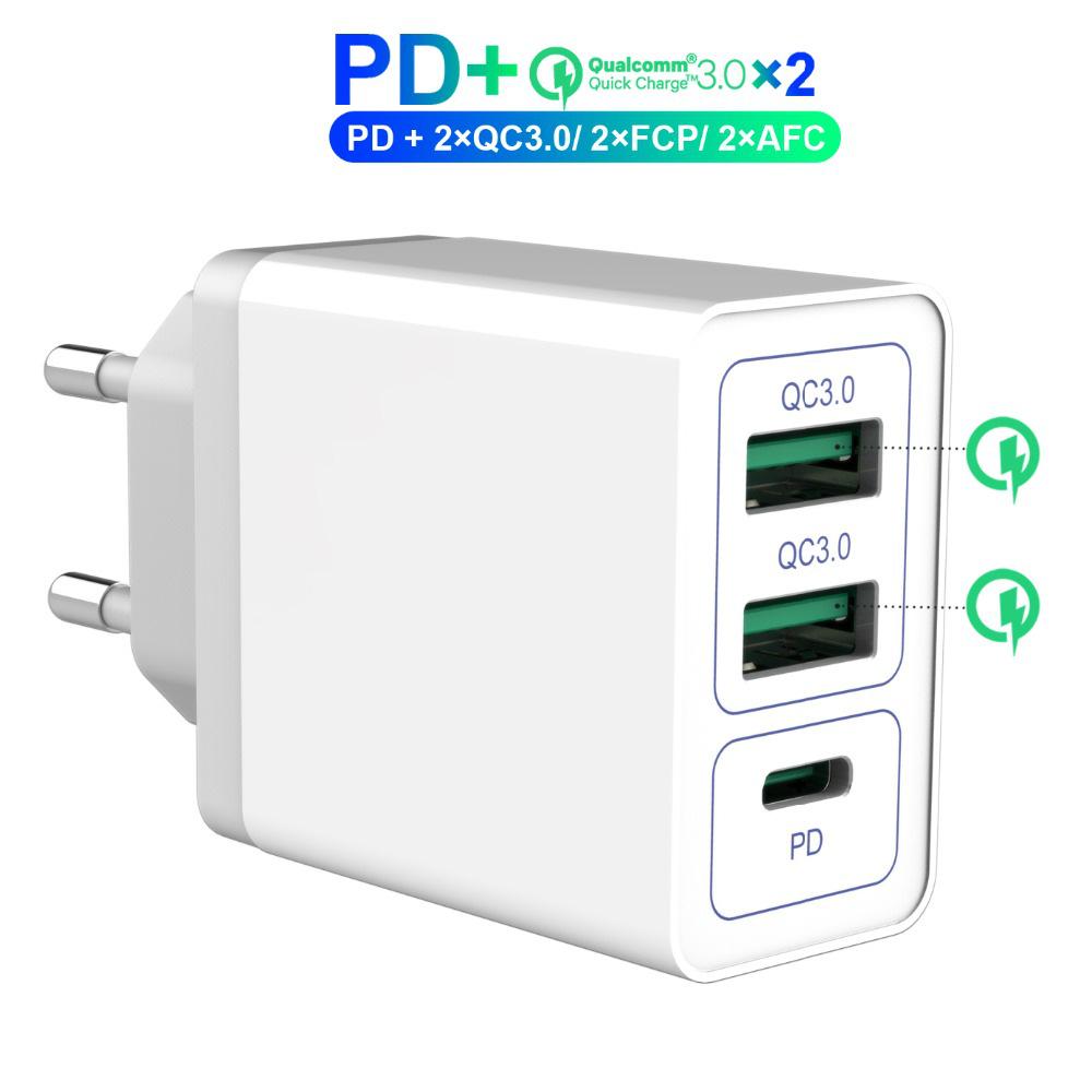 38W Dual USB Fast Charger with QC3.0 & PD Port, Compatible with EU/US/UK Plugs