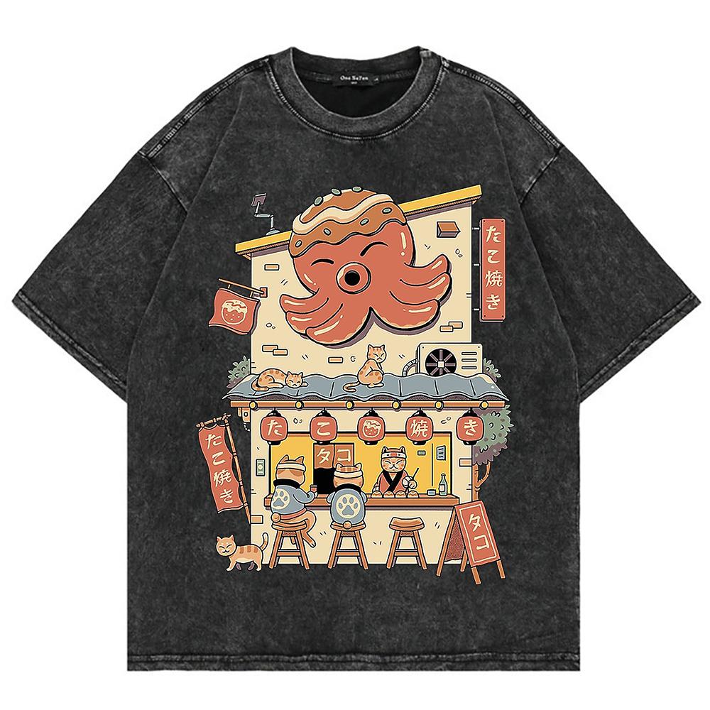 Cotton Vintage Washed Osaka Dotonbori Drunken Octopus T Shirt Hot Fashion Men Takoyaki Oversize Loose Acid Wash Tees Shirts