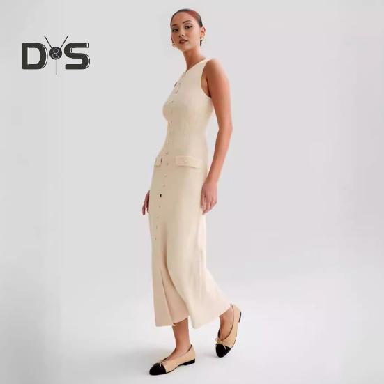 Letní dámské šaty Pletené pouzdro Slim Fit Jednobarevné Kulatý výstřih Elastické Bez rukávů Jednořadové knoflíky Délka do půli lýtek Midi šaty