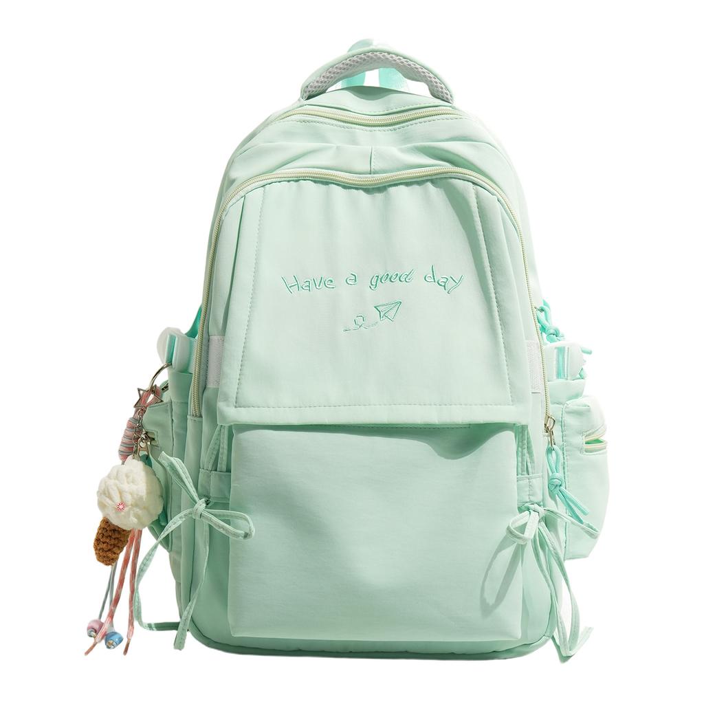 Schoolbag Macaron Fresh Mint Green Letter Embroidered Backpack Middle School Girls Class Travel Lightweight Versatile Backpack