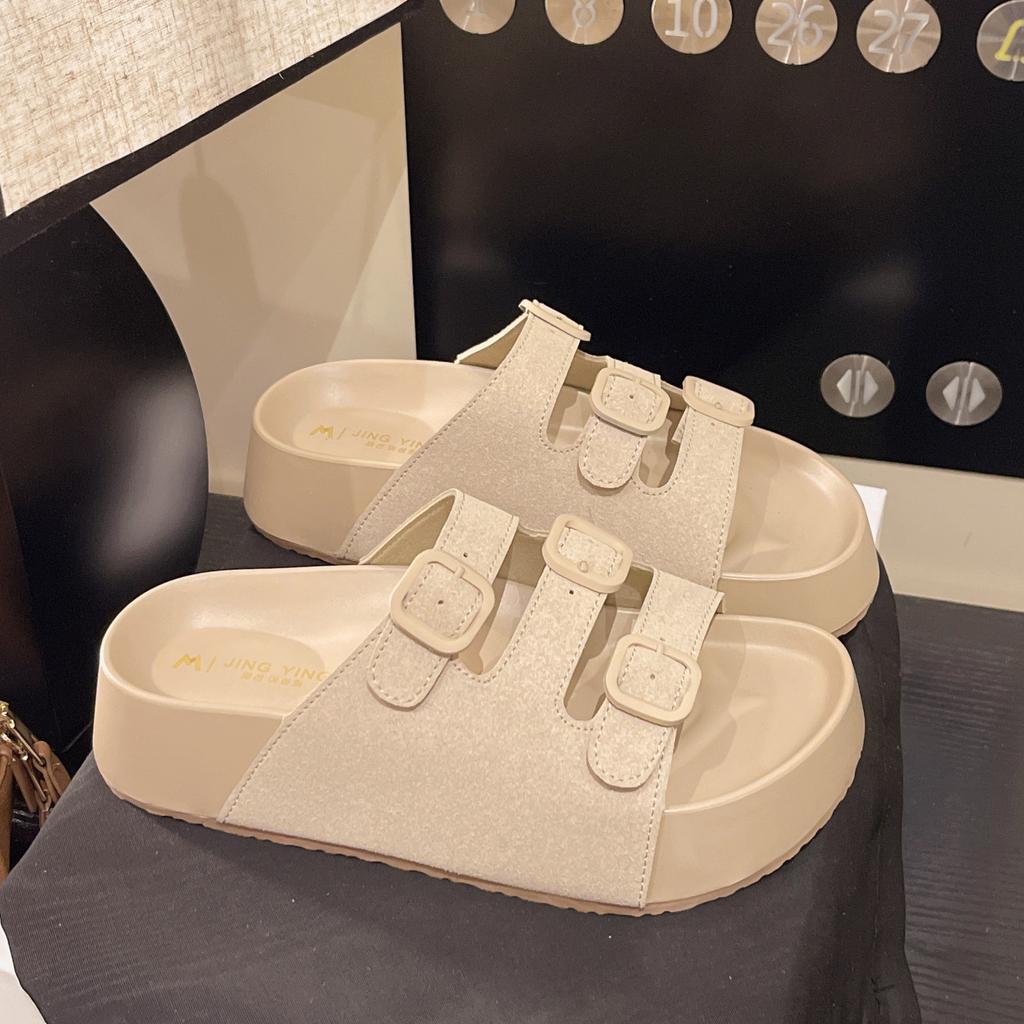 Thick-soled slippers women's outer wear 2025 summer new fashion casual retro buckle casual one-word cool slippers