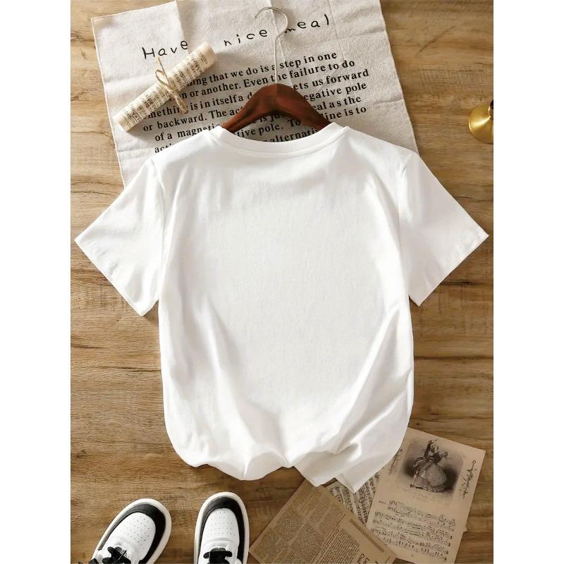 European Size Women's Short Sleeve T-Shirt with Artistic Four Horses Print - White Crew Neck, Machine Washable, All-Season Comfort,Horse Lover Gifts