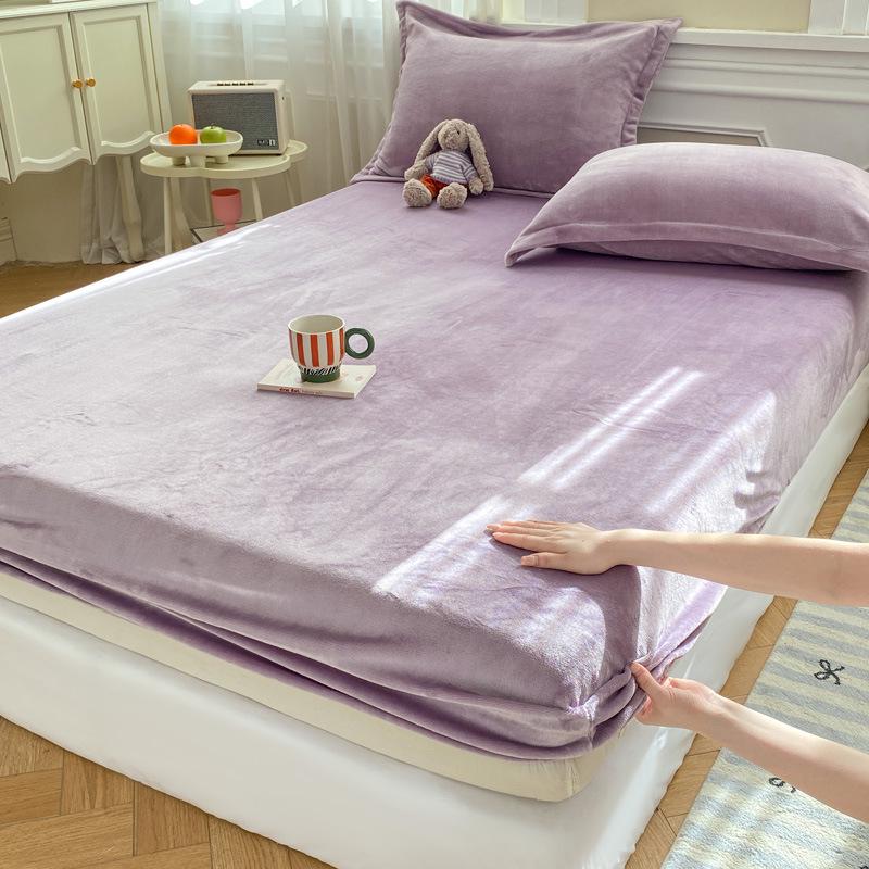 

2025 New Solid Color Milk Fleece Fitted Sheet - Winter Plus Velvet Mattress Protector Quilted Pillowcase (Single)