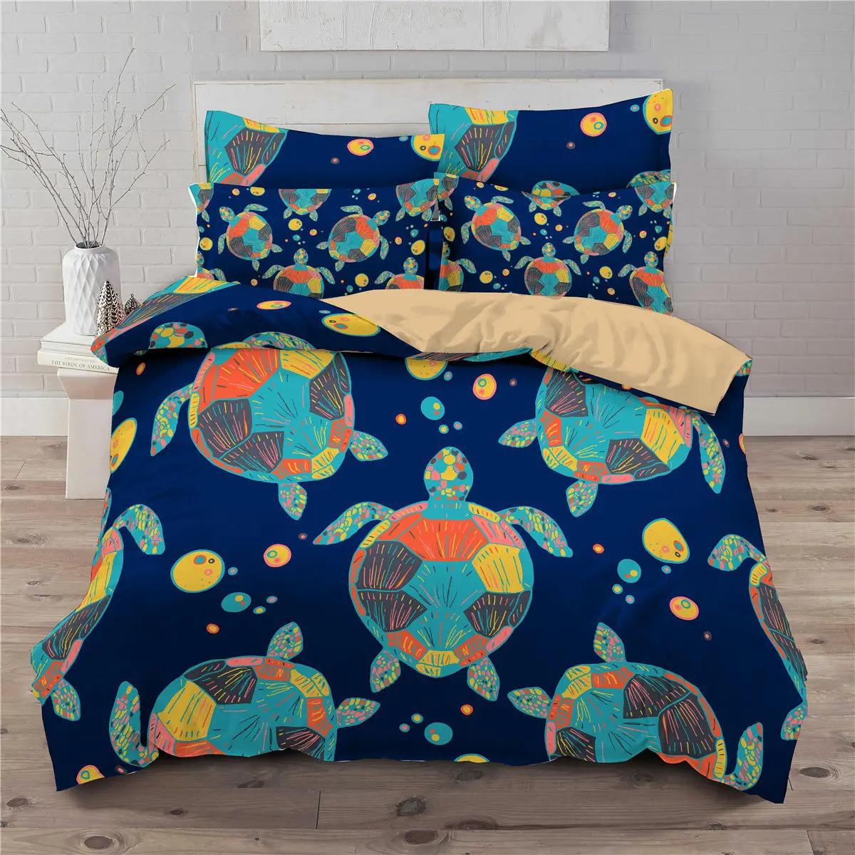 

Sea Turtle Duvet Cover Queen Size Boy Beach Turtle Comforter Cover Polyester 3Pcs Teal Aqua Blue Abstract Tortoise Bedding Collection US Full(200x230cm)